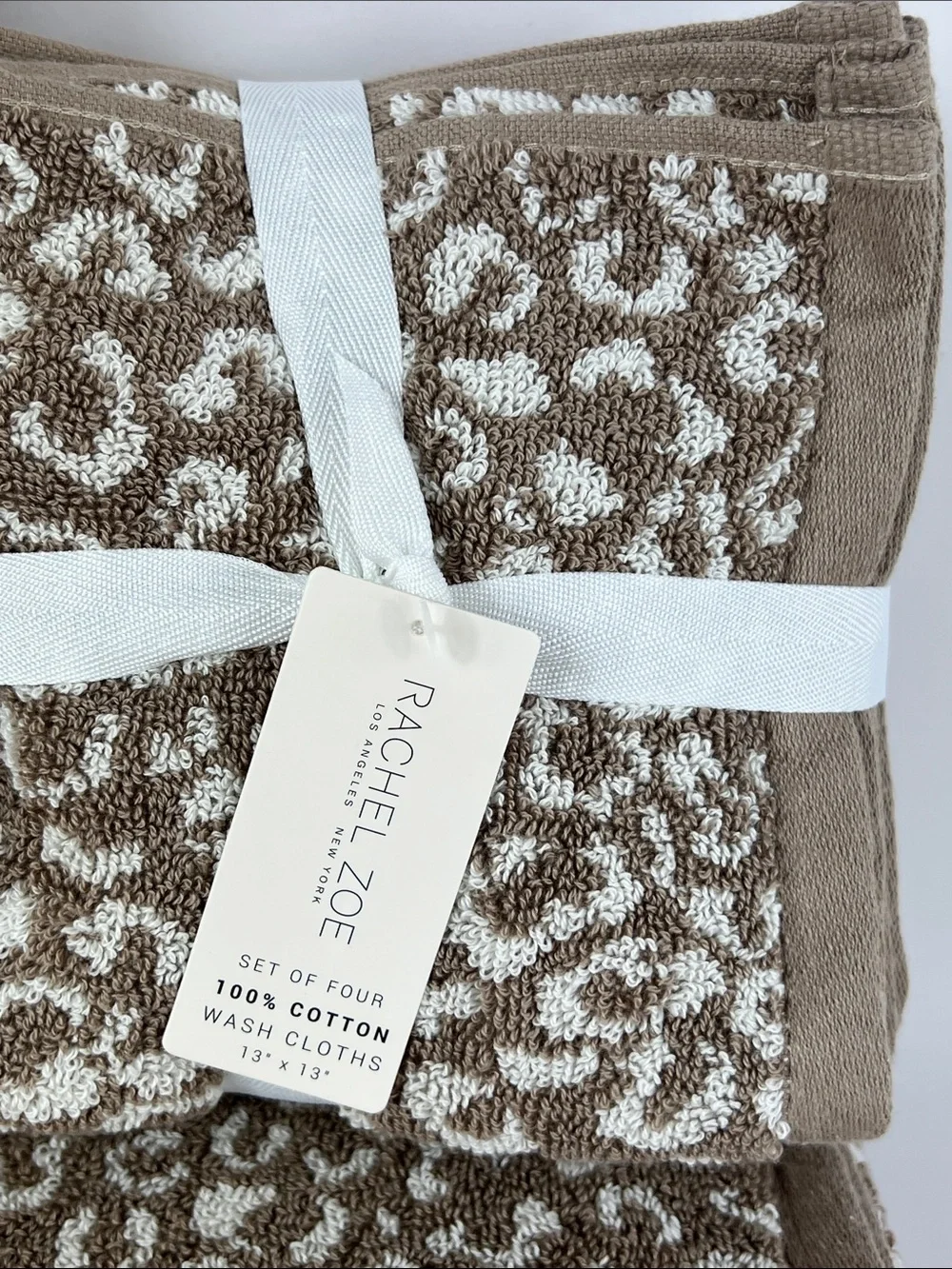 Rachel Zoe Bath Towels Tan Cream Leopard Animal Print 100% Cotton 8 Pc NEW